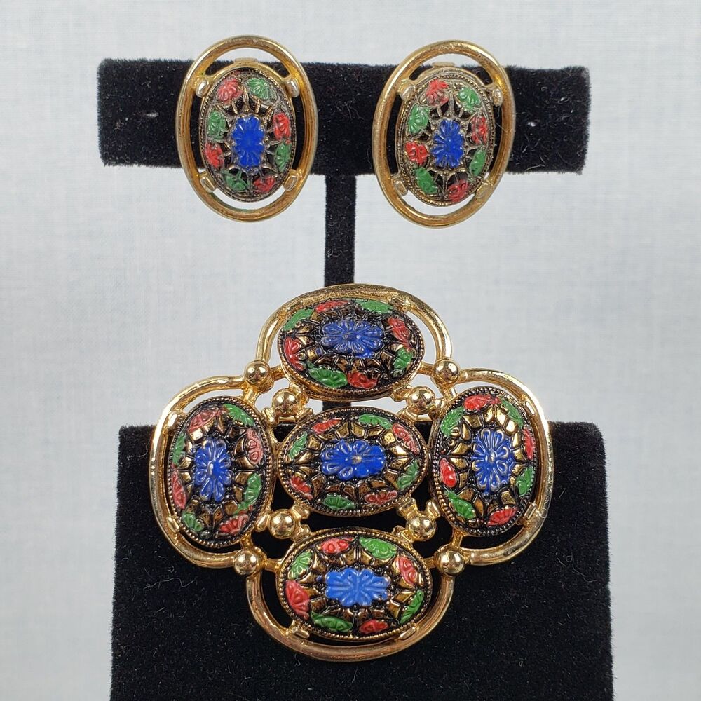 Vtg 1968 Sarah Coventry Light of the East Mosaic Brooch Clip Earrings Set MCM - Picture 2 of 16